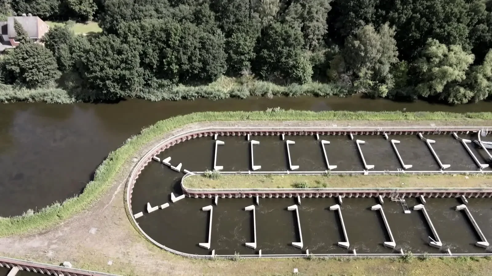 Aerial view of land-based aquaculture raceways